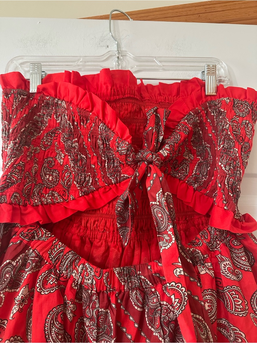 VENUS Red Paisley Strapless Sundress tie back smocked large - Picture 9 of 12